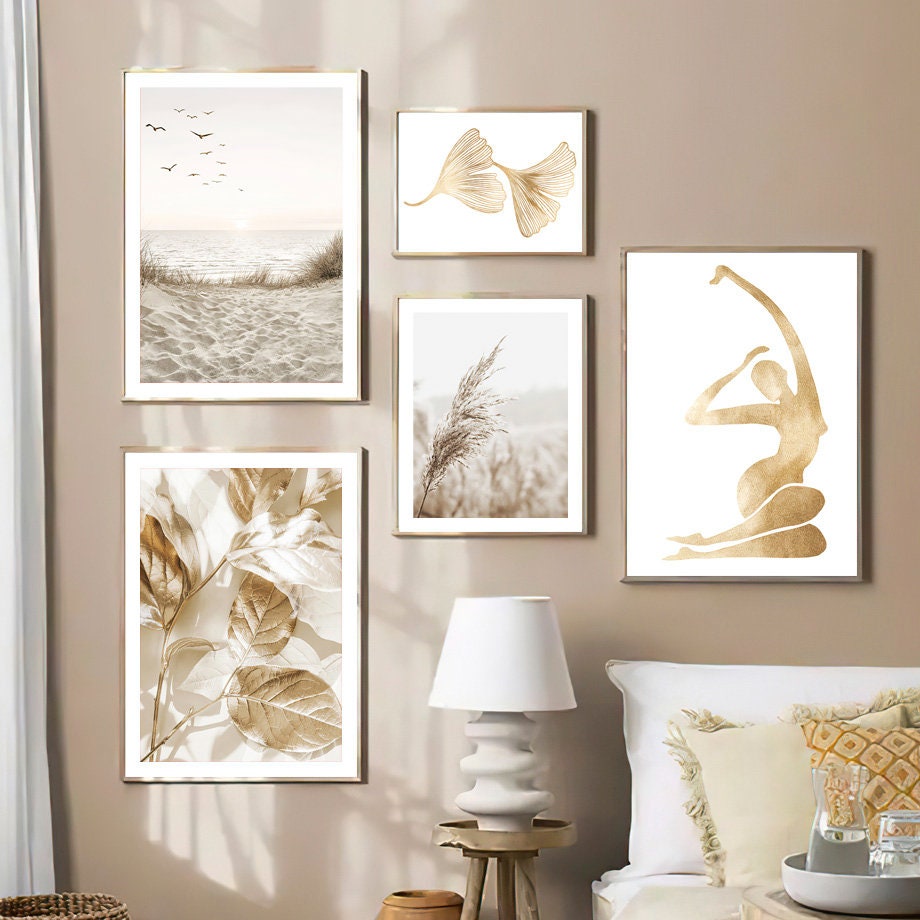 Poster Meer Pampasgras Beige Gold I Wandbilder Wohnzimmer & Schlafzimmer I  Deko Print Bilder I ohne Rahmen